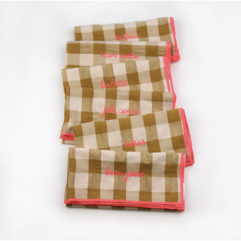 Serviette de table brodée vichy moutarde - darling, mama, mon coeur, dandy cool, joli coeur, trésor, bichette, beau gosse, surfeur