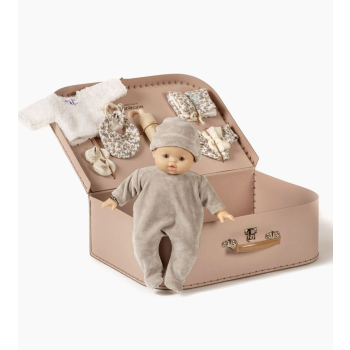 Ma Valise d’antan “Kit de Naissance” Clochette/gris perle (babies au choix selon stock boutique)