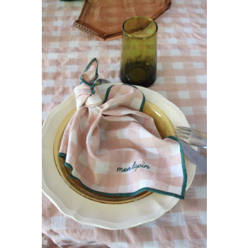 Serviette de table vichy brodée rose macaron / vert - mon lapin