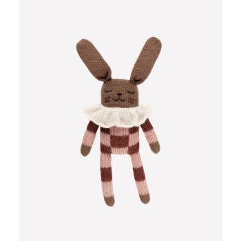 Doudou lapin, pyjama à carreaux sienne en laine d'alpaga