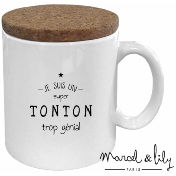 MUG AVEC SON COUVERCLE EN LIÈGE "JE SUIS UNE TONTON TROP GÉNIAL"