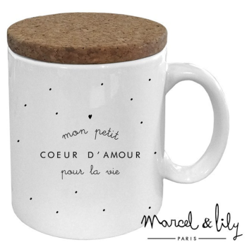 MUG AVEC COUVERCLE EN LIÈGE "mon petit coeur d'amour"