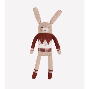 Grand doudou lapin, pull jacquard sienne en laine d'alpaga