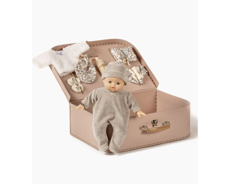 Ma Valise d’antan “Kit de Naissance” Clochette/gris perle (babies au choix selon stock boutique)