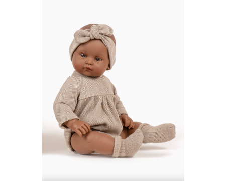 Poupée Augustine - barboteuse chevrons beige et son headband - Bambini