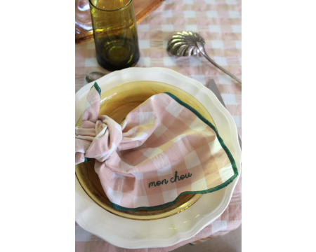 Serviette de table vichy brodée rose macaron / vert - mon chou
