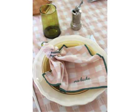 Serviette de table vichy brodée rose macaron / vert - ma biche