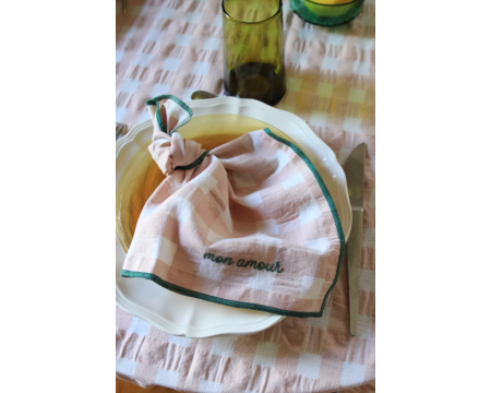 Serviette de table vichy brodée rose macaron / vert - mon amour