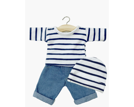 Ensemble marinière à rayures bleues et pantalon en jean avec son bonnet