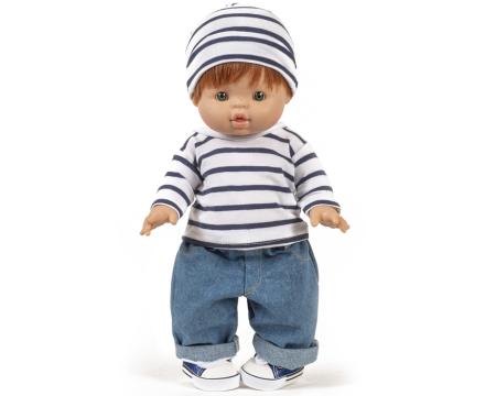 Ensemble marinière à rayures bleues et pantalon en jean avec son bonnet