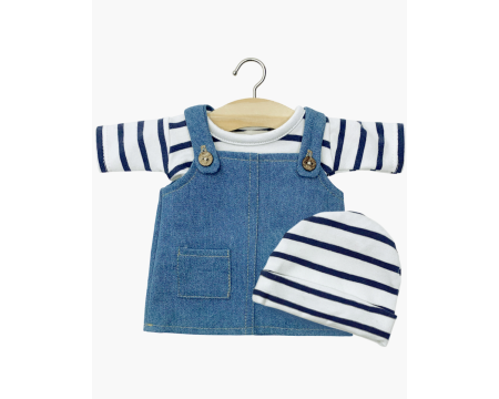 Ensemble robe salopette Nelly en jean et marinière en jersey à rayures bleu marine avec bonnet
