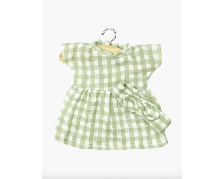 Babies – Robe Faustine et son headband en gaze de coton vichy vert avec pochon MINIKANE