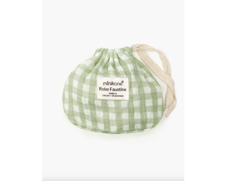 Babies – Robe Faustine et son headband en gaze de coton vichy vert avec pochon MINIKANE