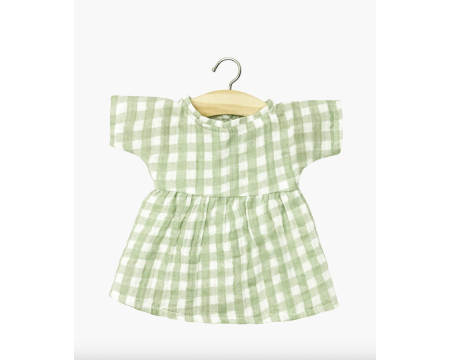 Robe Faustine à manches courtes en gaze de coton Vichy vert avec pochon