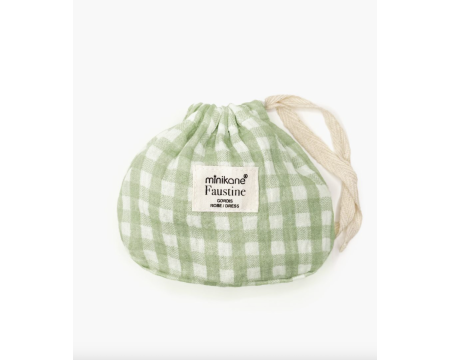 Robe Faustine à manches courtes en gaze de coton Vichy vert avec pochon