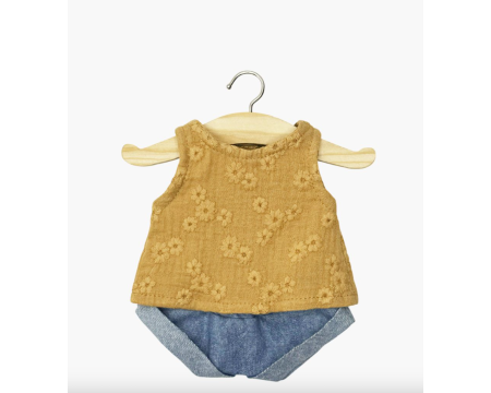 Ensemble top Andrée en gaze de coton camel avec broderies fleuries et mini short en jean