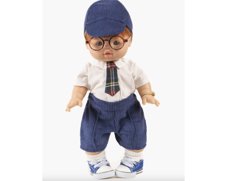 William avec cravate à carreaux Tartan marine et pantalon en velours bleu foncé MINIKANE