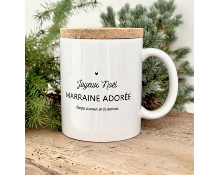 Mug avec couvercle en liège "JOYEUX NOËL MARRAINE ADOREE"