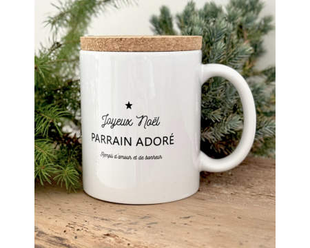 Mug avec couvercle en liège "JOYEUX NOËL PARRAIN ADORE"