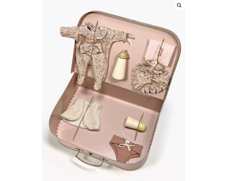 Ma Valise d’antan "Kit de Naissance fille" Petites fleurs cacao - Poupée Babies au choix