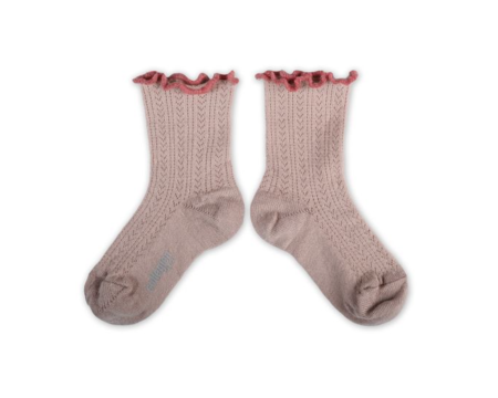 Ambre Chaussettes en laine Mérinos ajourée et bord ondulé - Vieux rose