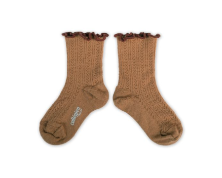 Ambre Chaussettes maille ajourée laine Mérinos avec bords ondulés - Caramel au Beurre Salé