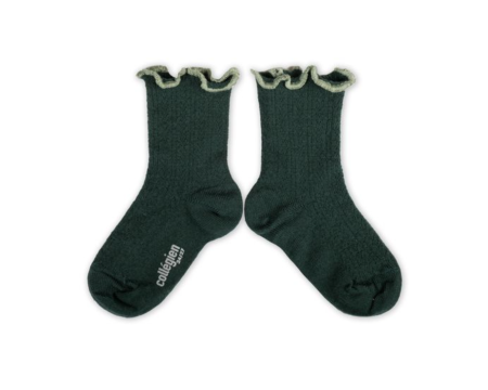 Ambre Chaussettes maille ajourée laine Mérinos avec bords ondulés - Vert forêt