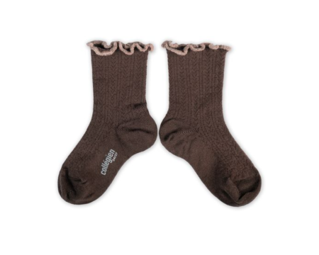 Ambre Chaussettes maille ajourée laine Mérinos avec bords ondulés - Chocolat au lait