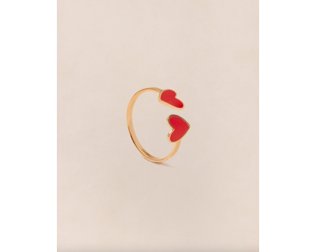 Bague 2 coeurs Billie émoi émoi - émail rouge et or fin 24 carats