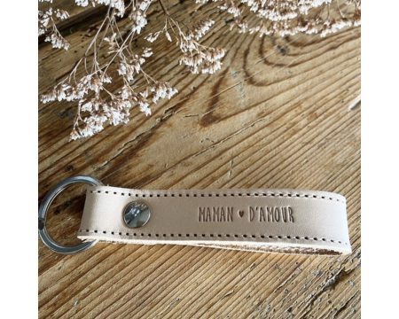 Porte-clé en CUIR NATUREL "Maman d'amour"