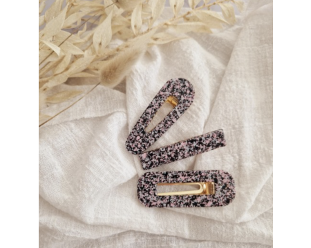 Barrette résine - arrondie - Marbré noir et rose