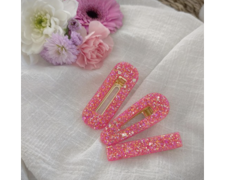 Barrette en résine - arrondie - Rose orangé flashy/reflets or