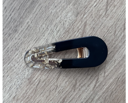 Barrette en résine - arrondie - Noir / Feuilles d'or
