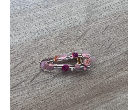 Barrette en résine - arrondie - Fleurs séchées rose / fuchsia