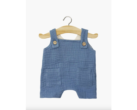 Salopette courte Antonin avec boutons en gaze de coton bleu jean MINIKANE