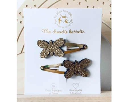 Barrettes doubles – papillon doré pailleté