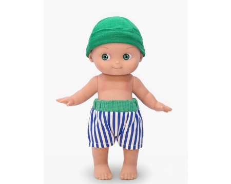 Zébulon à la plage et sa tenue rayée bleu MINIKANE
