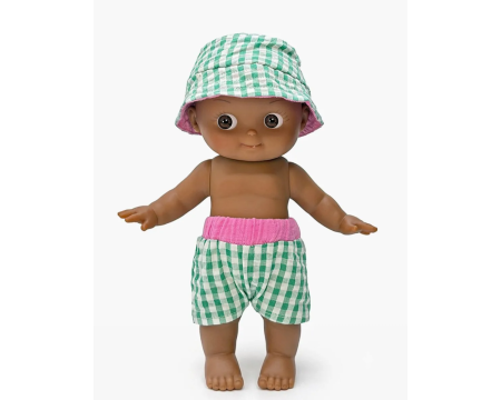 Arsène à la plage et sa tenue Vichy vert MINIKANE