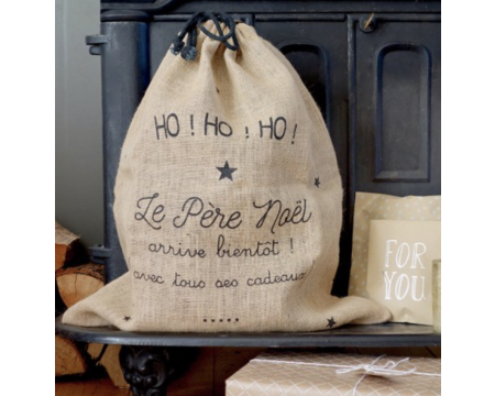 Baluchon en jute  "HO! HO! HO! LE PÈRE NOËL ARRIVE BIENTÔT"
