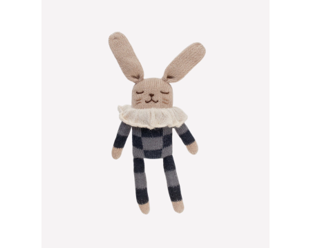 Doudou lapin, pyjama à carreaux marine en laine d'alpaga